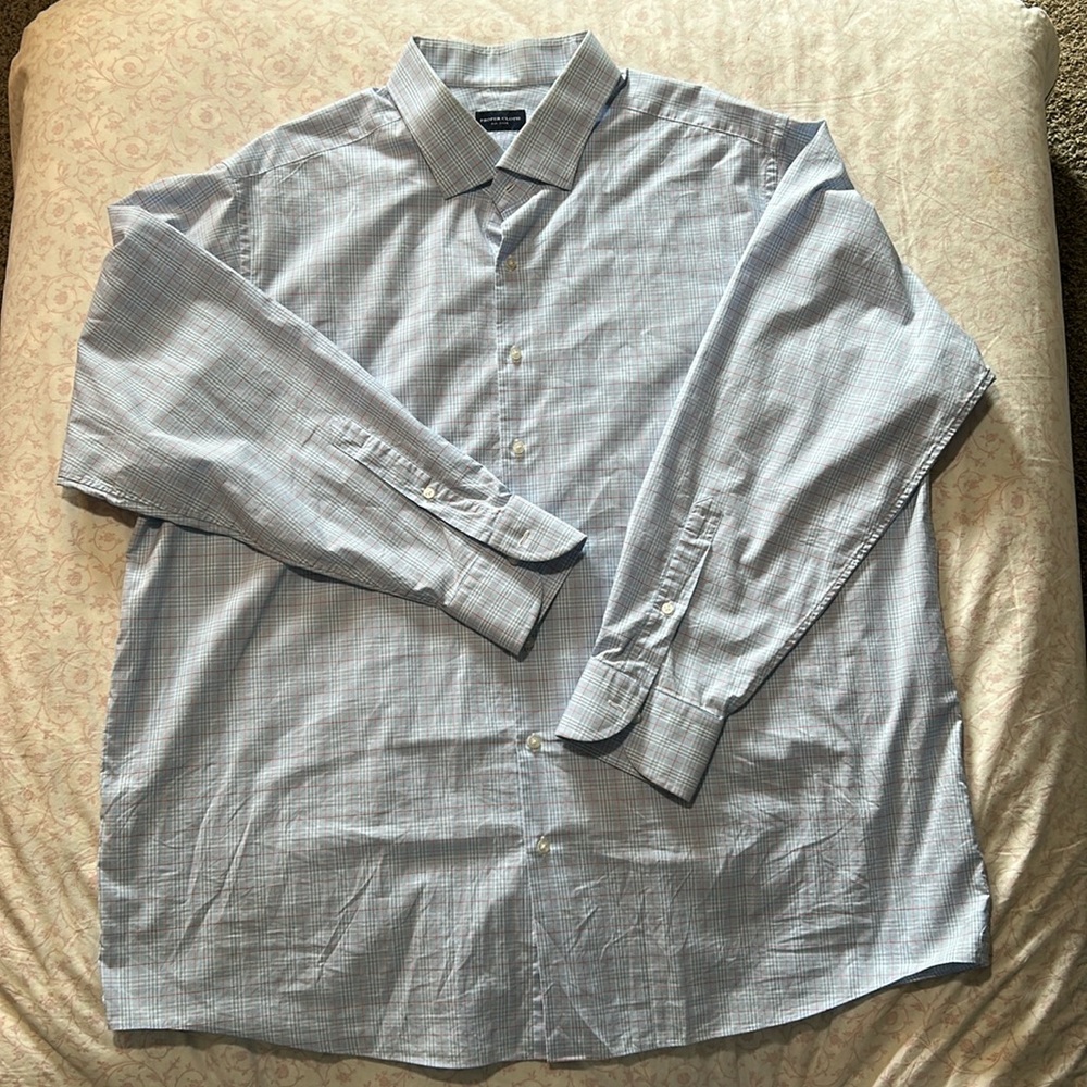 Proper Cloth Mens Blue Red Big Check 19.5 Neck Long Sleeve Button Up Dress Shirt